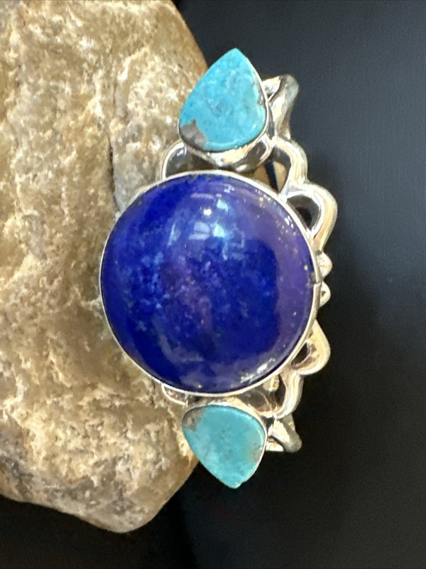 Kingman Turquoise Lapis Navajo Tufa Cast Cuff Bracelet | Sterling Silver | Authentic Native American Handmade | 17984