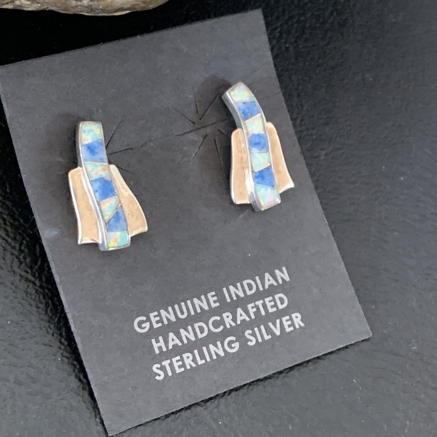 Women Blue Denim Lapis & White Opal Navajo Sterling Silver Inlay Earrings 128900