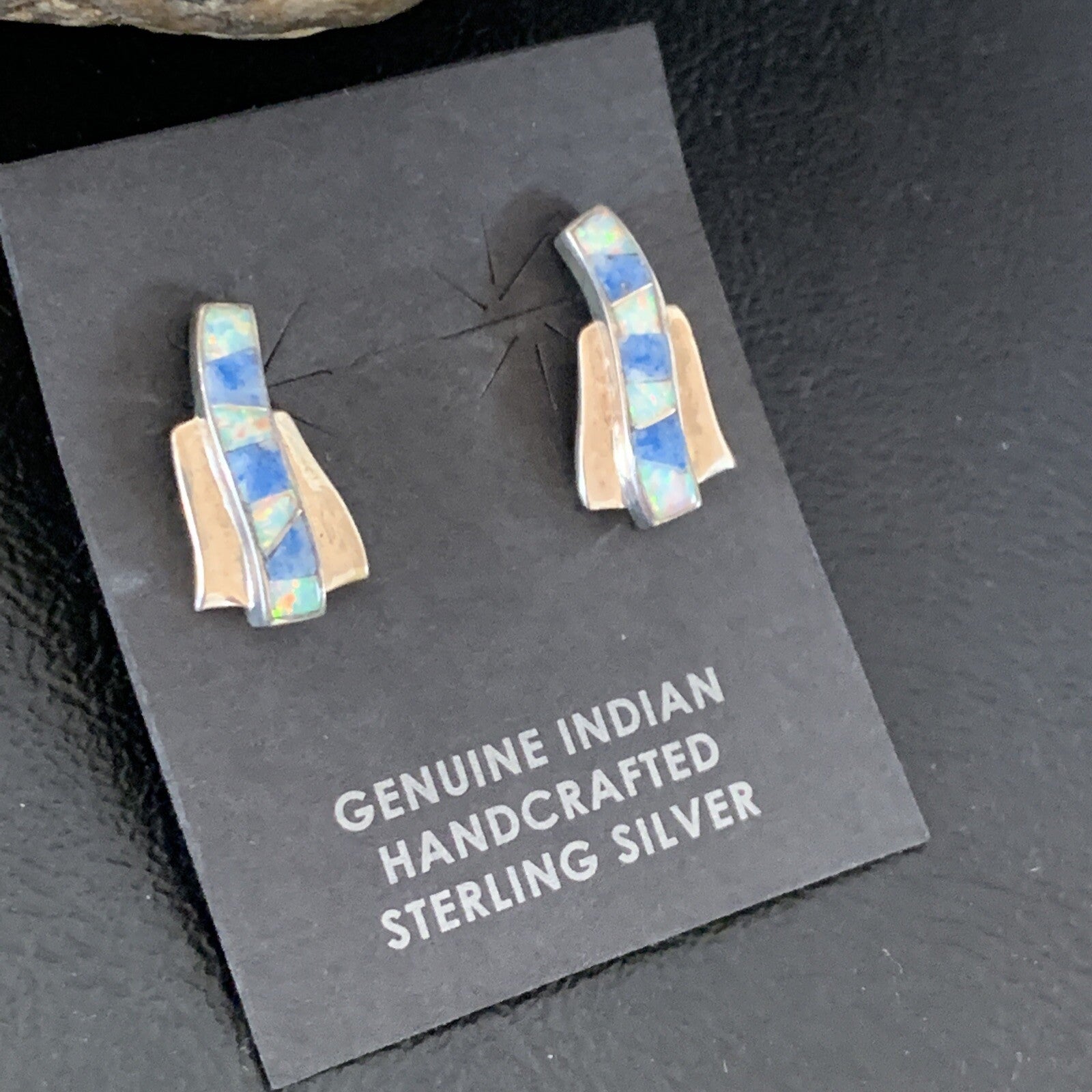 Women Blue Denim Lapis & White Opal Navajo Sterling Silver Inlay Earrings 128900