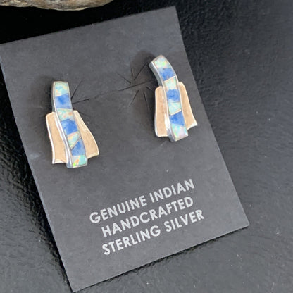Women Blue Denim Lapis & White Opal Navajo Sterling Silver Inlay Earrings 128900
