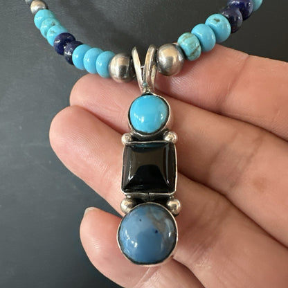 Blue Turquoise Lapis Onyx Pendant Navajo Sterling Silver Necklace 19550