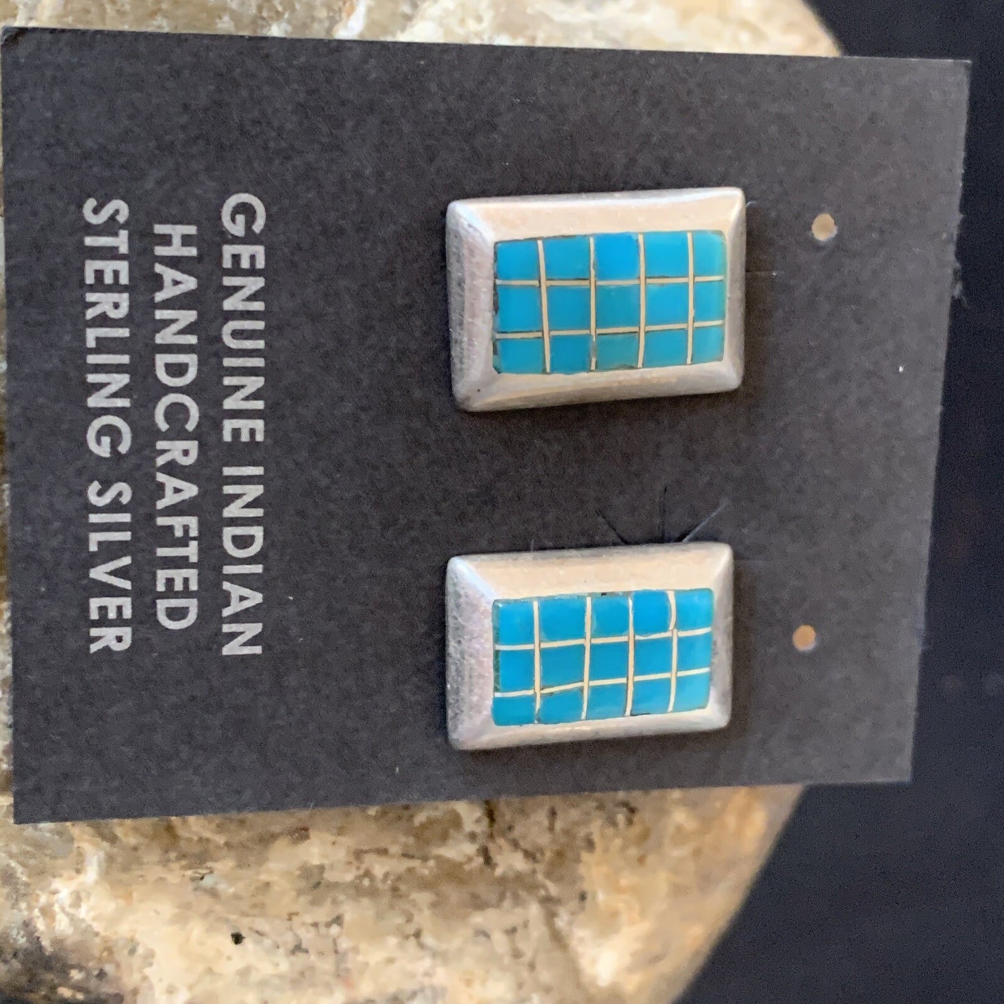 Blue Turquoise Inlay Navajo Sterling Silver Dangle Post Earrings 0.5" 12749
