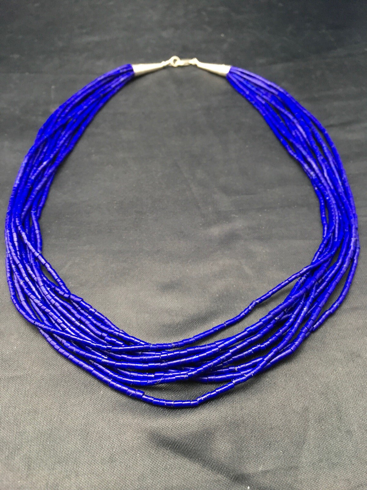 Stabilized Lapis Lazuli 10 Strand Sterling Silver Tube Heishi Necklace 26" 19714