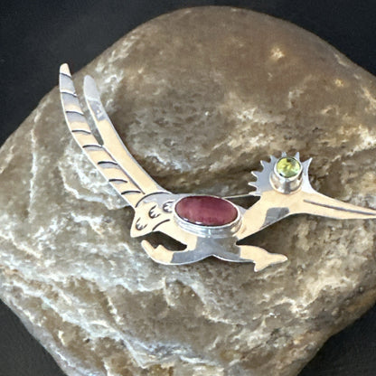 Road Runner Spiny Peridot Navajo Sterling Silver Stamped Pin Brooch 3” 19089