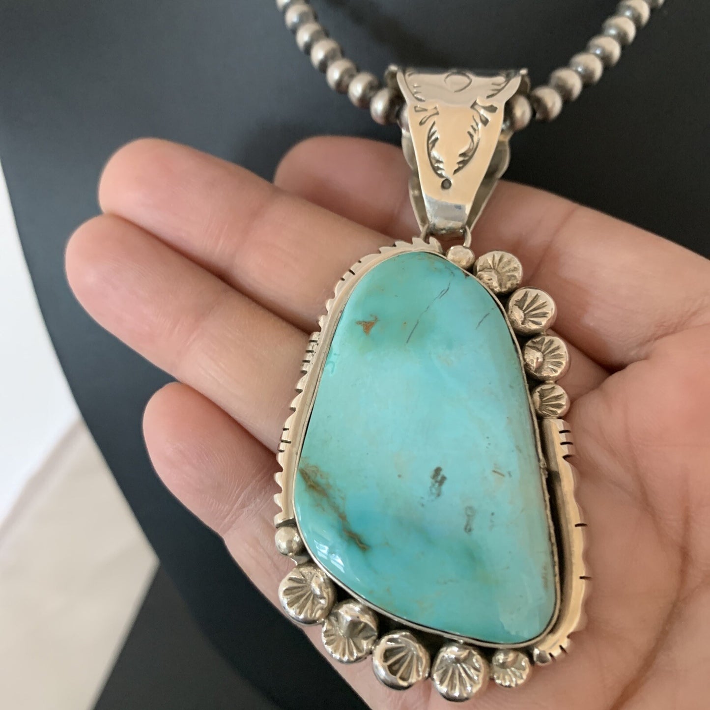 Mens Royston Turquoise Pendant Navajo Pearls Sterling Silver Necklace 02111N
