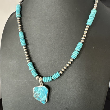 Blue Kingman Turquoise 2 Sided Pendant Navajo Sterling Native Necklace 20" 19516