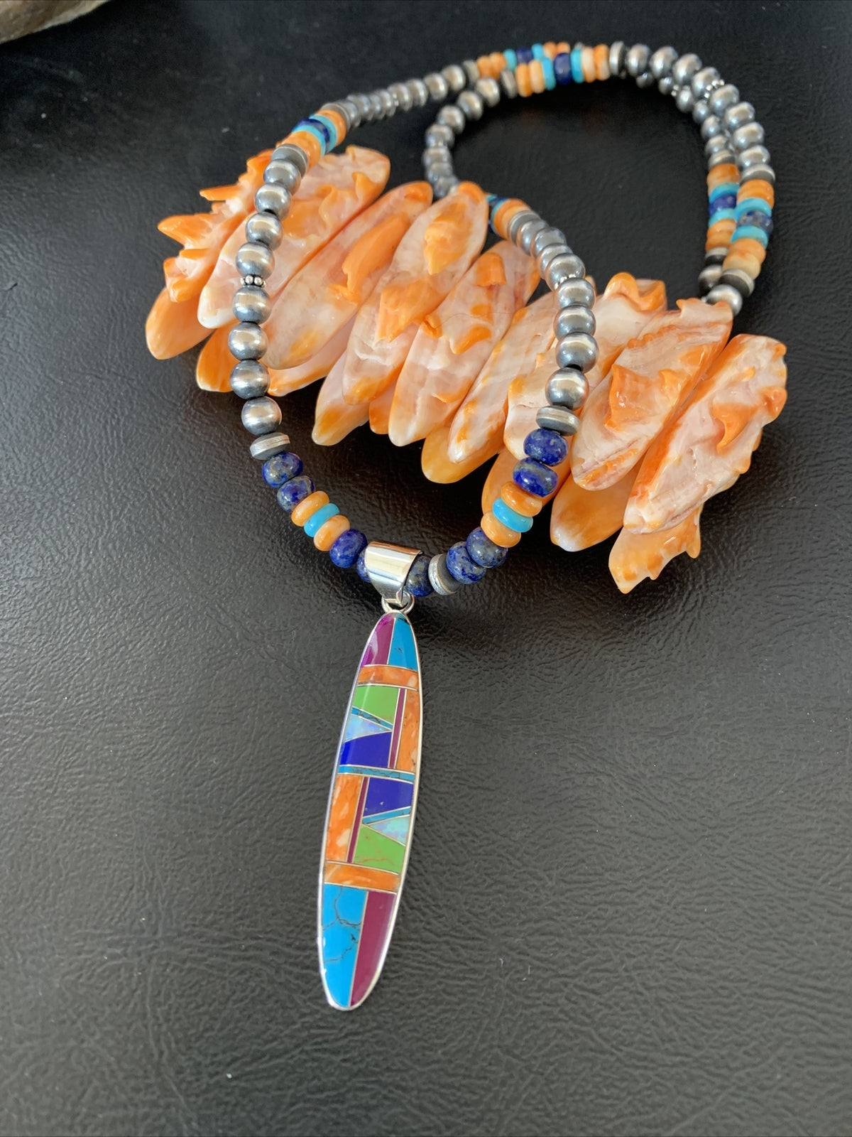 Turquoise & Spiny Oyster Inlay Pendant Navajo Sterling Silver Necklace 11637
