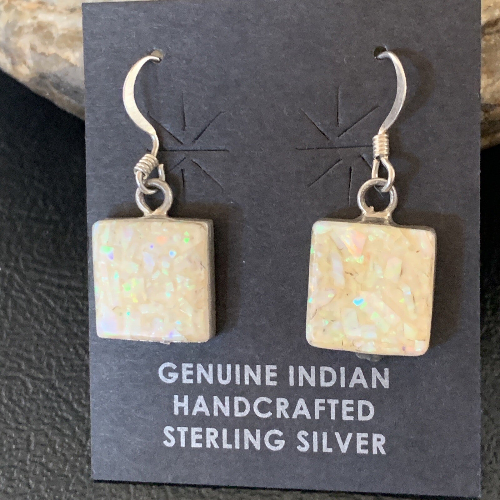 Womens White Opal Inlay Navajo Sterling Silver Dangle Drop Earrings 12768