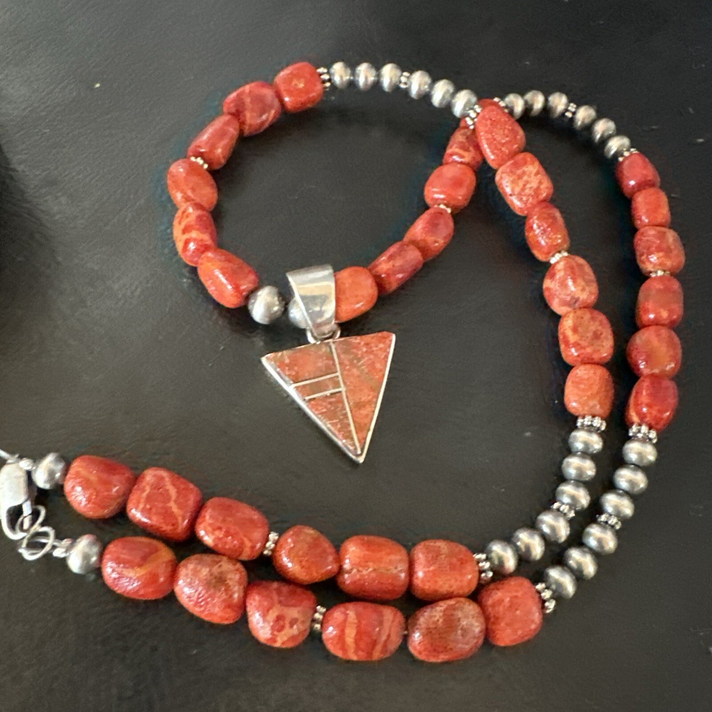Navajo Apple Sponge Coral Sterling Silver Necklace Inlay Pendant 21” 18755