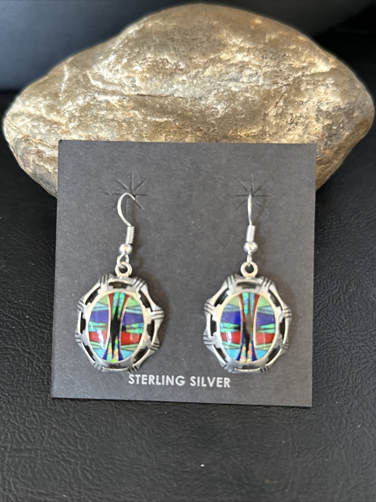 Blue Turquoise & Spiny Oyster Navajo Sterling Silver Inlay Earrings 1” 14763