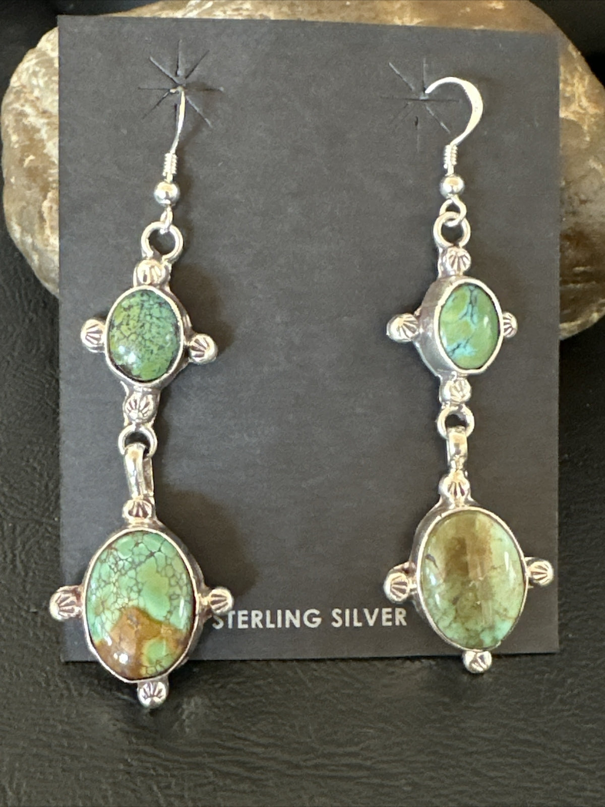 Native Navajo Green Turquoise Sterling Silver Dangle Earrings 2” 17695