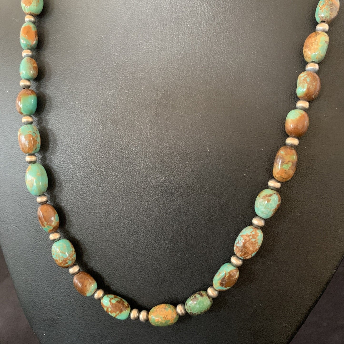 Green Royston Turquoise Bead Navajo Sterling Silver Beads Necklace 11465