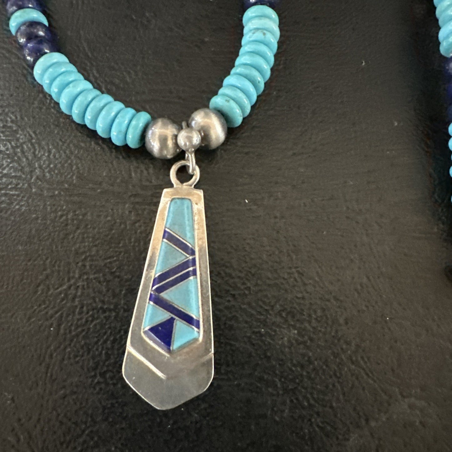 Blue Lapis Turquoise Inlay Pendant Navajo Sterling Silver Necklace 20" 19657