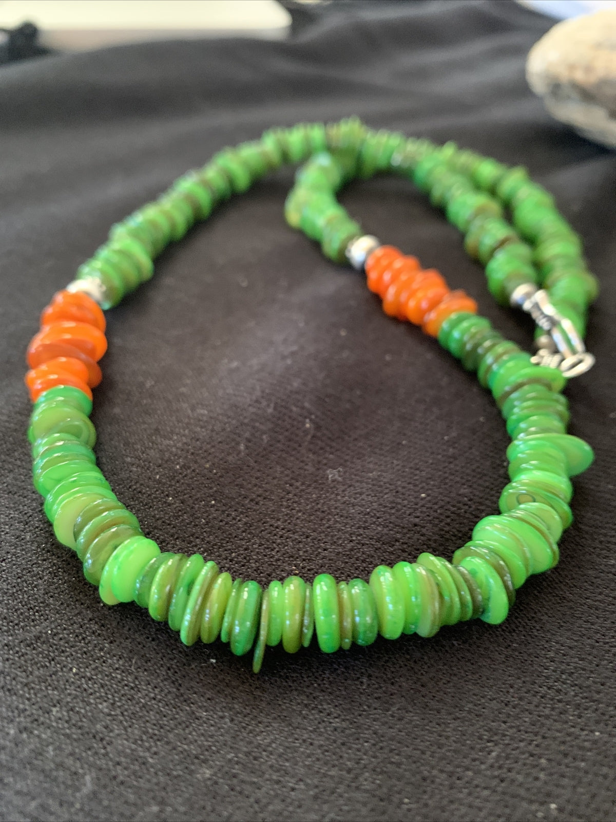 Orange Green Mother of Pearls Navajo Sterling Silver Beads Necklace 01054
