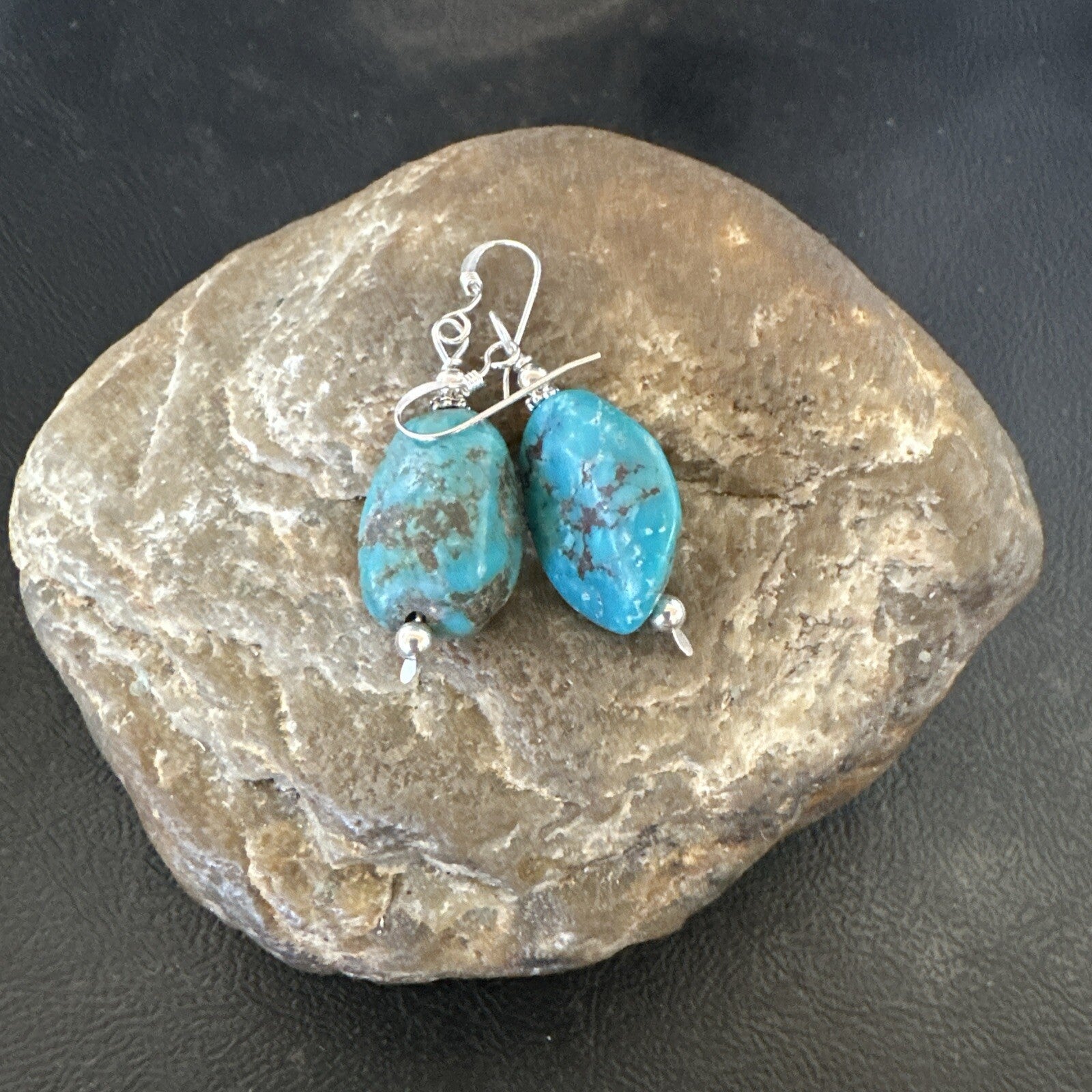 Blue Turquoise Nugget Sterling Silver Beads Earrings 1" 17867