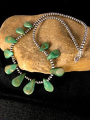 Navajo Green Turquoise Teardrop Necklace Handmade | Sterling Silver | Authentic Native American Handmade | 8744