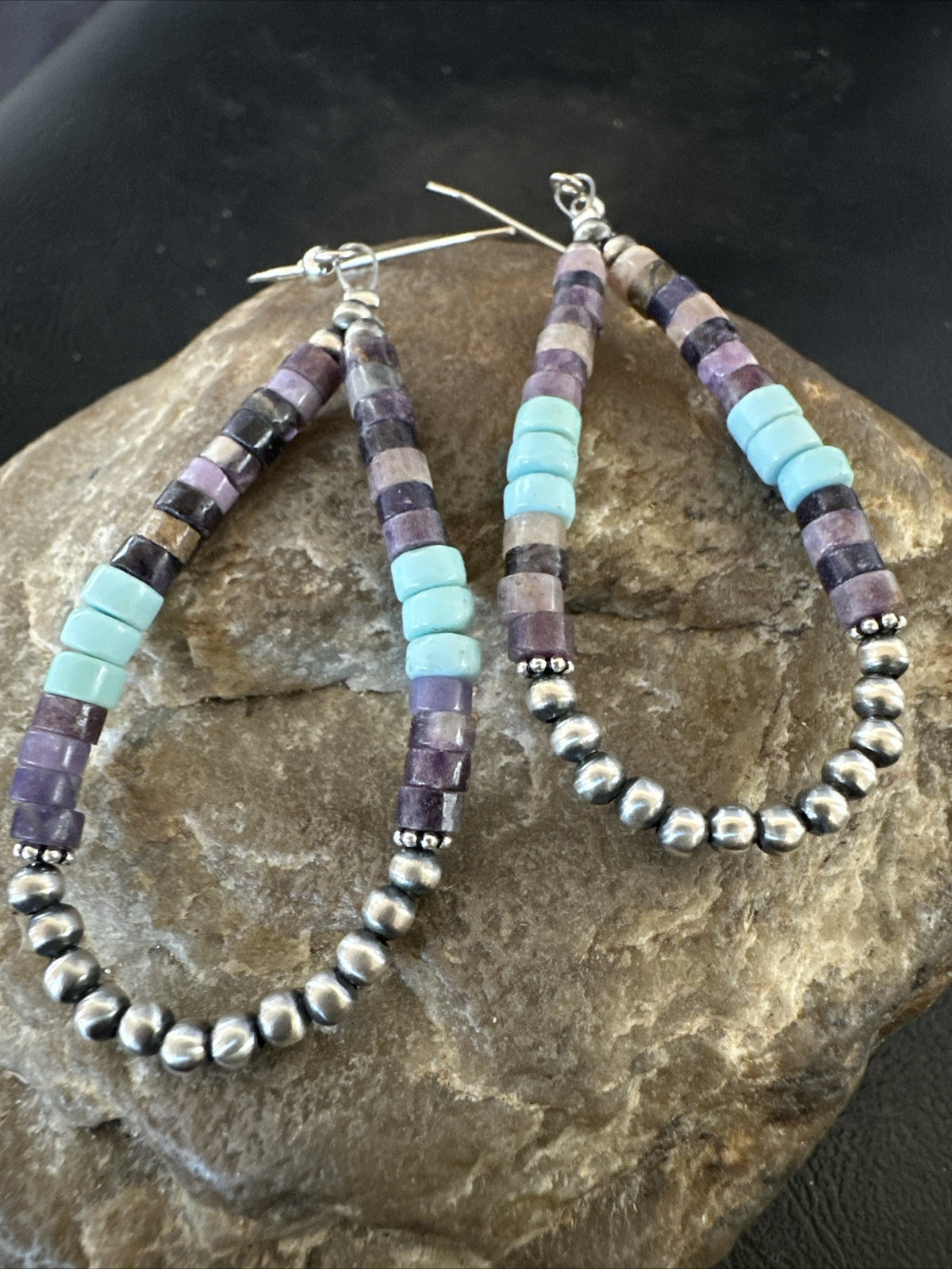 Blue Turquoise Purple Ston Heishi Sterling Silver Navajo Beads Earrings 2" 17838