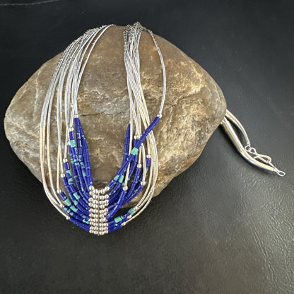 Blue Green Azurite Heishi 10Strand Stabilized Sterling Silver Necklace 18" 15135