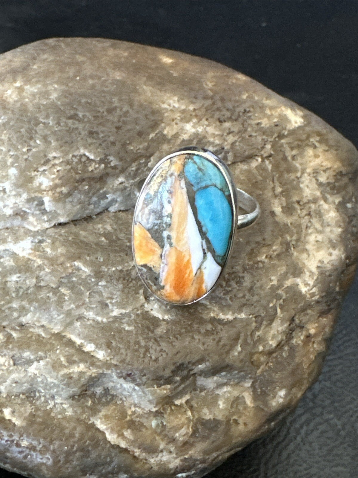 Blue Turquoise Spiny Oyster Southwestern Sterling Silver Ring Size 8 18430
