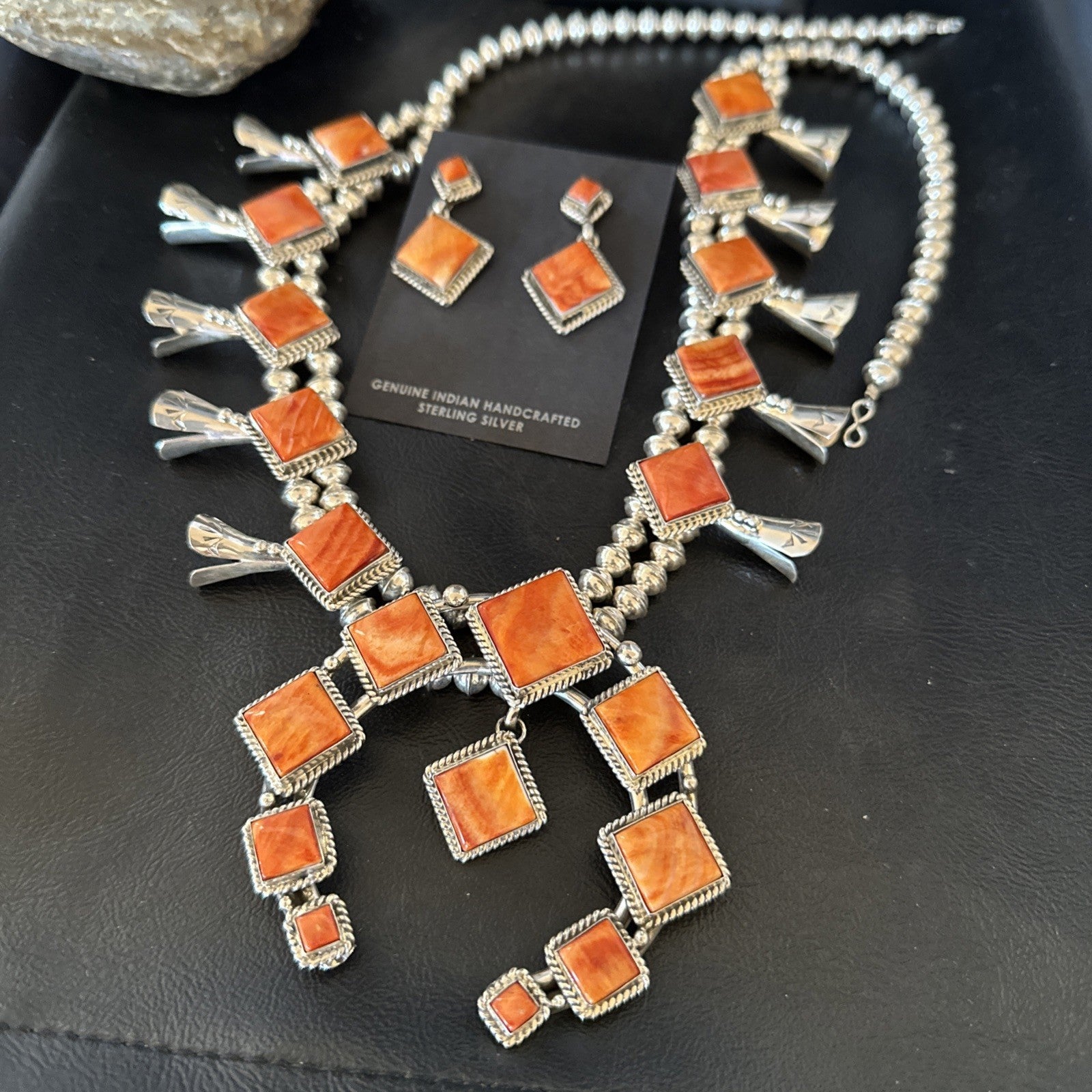 Orange Spiny Oyster Sterling Silver Squash Blossom Necklace 26" Earrings 19074