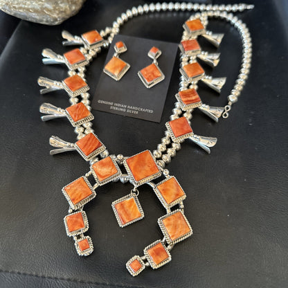 Orange Spiny Oyster Sterling Silver Squash Blossom Necklace 26" Earrings 19074