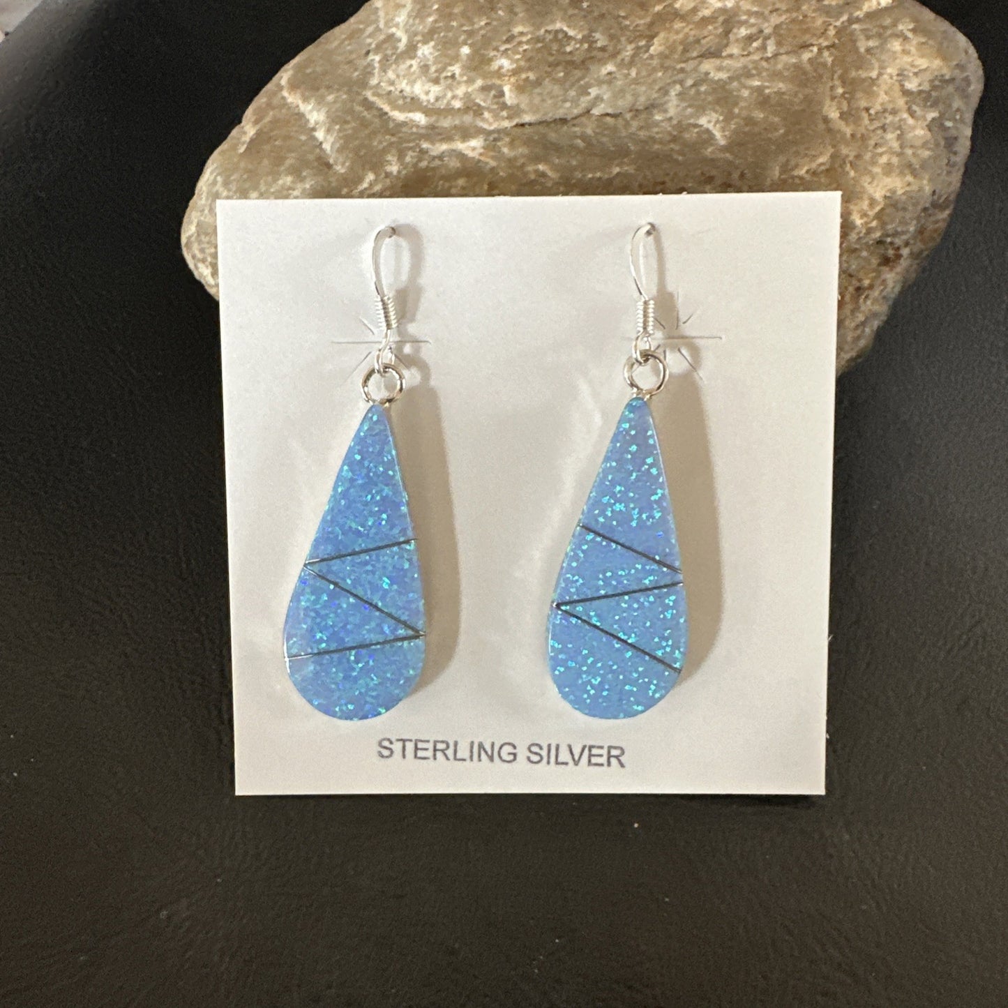 Blue Faux Opal Dangle Inlay Navajo Sterling Silver Earrings 19263