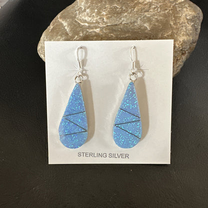 Blue Faux Opal Dangle Inlay Navajo Sterling Silver Earrings 19263