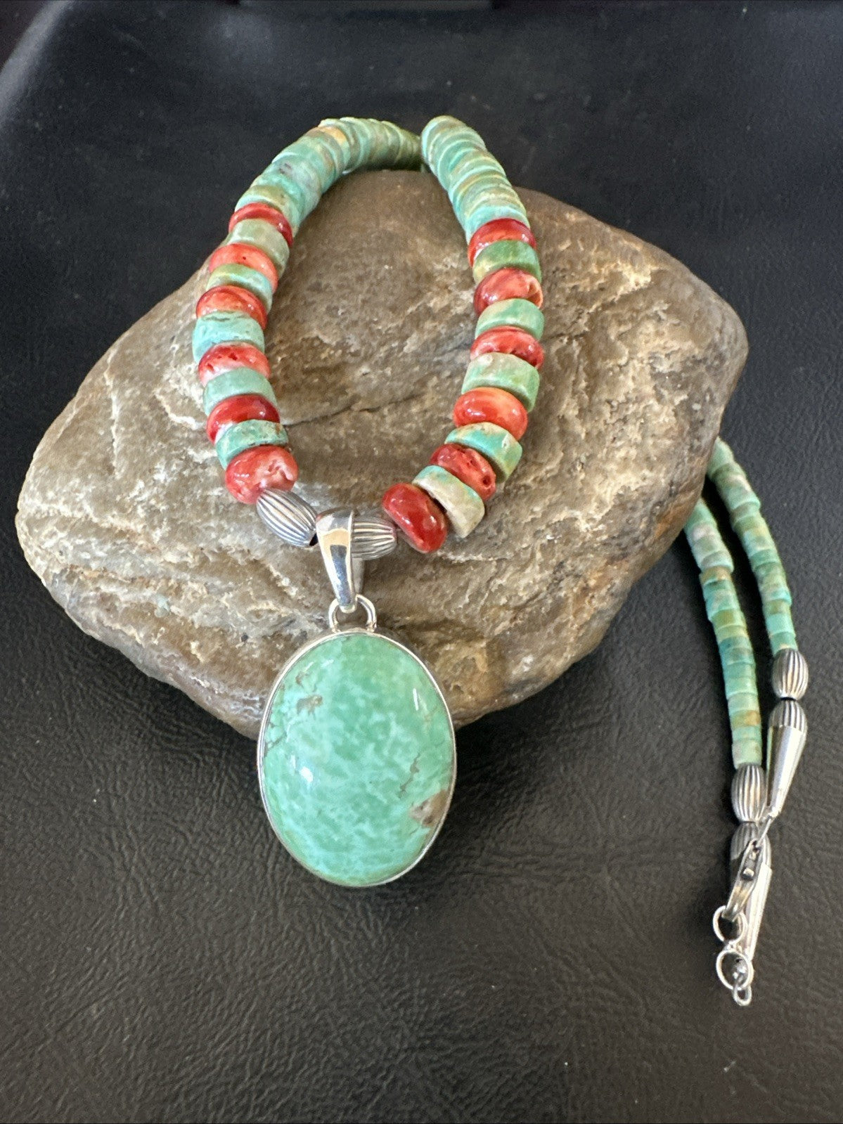 Green Turquoise Pendant Spiny Navajo Sterling Silver Heishi Necklace 21" 19204