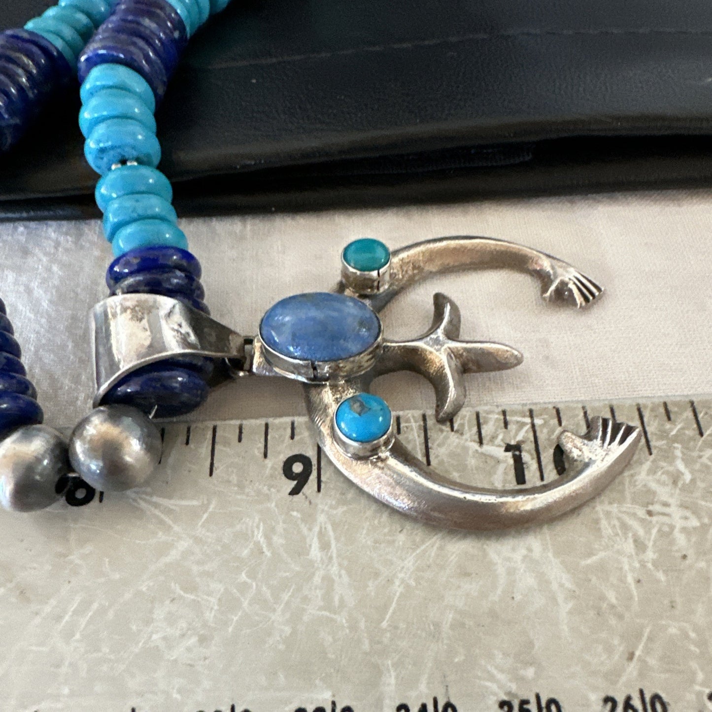 Blue Turquoise Lapis Naja Pendant Navajo 12mm Sterling Silver Necklace 19545