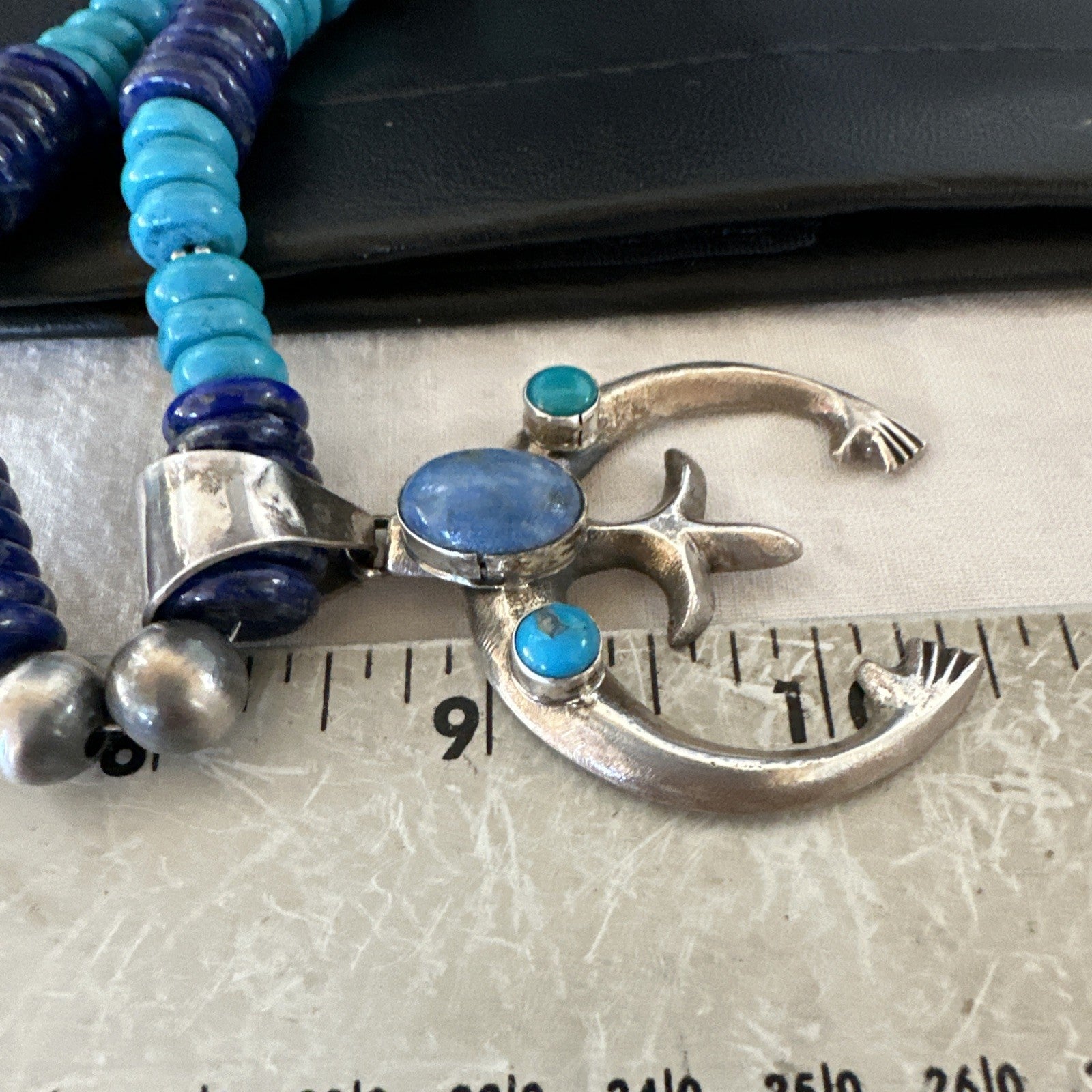 Blue Turquoise Lapis Naja Pendant Navajo 12mm Sterling Silver Necklace 19545