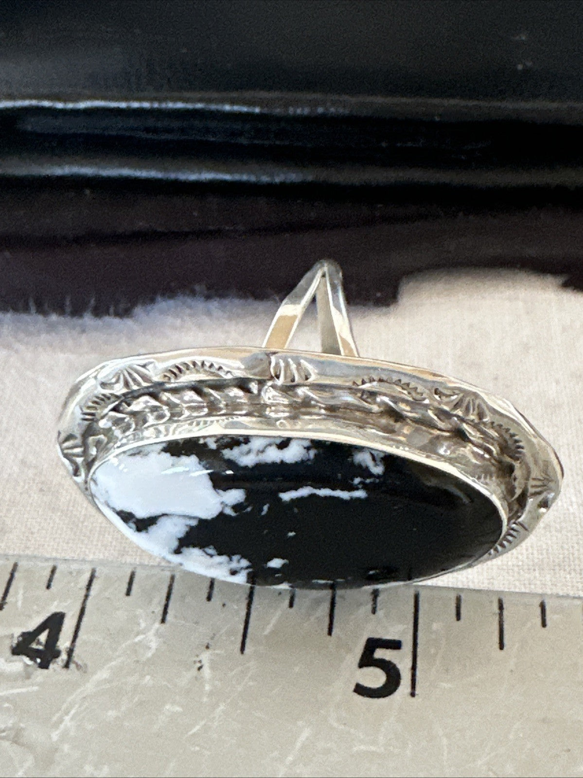 Black White Buffalo Turquoise Navajo Sterling Silver Ring Size 9.5 19809