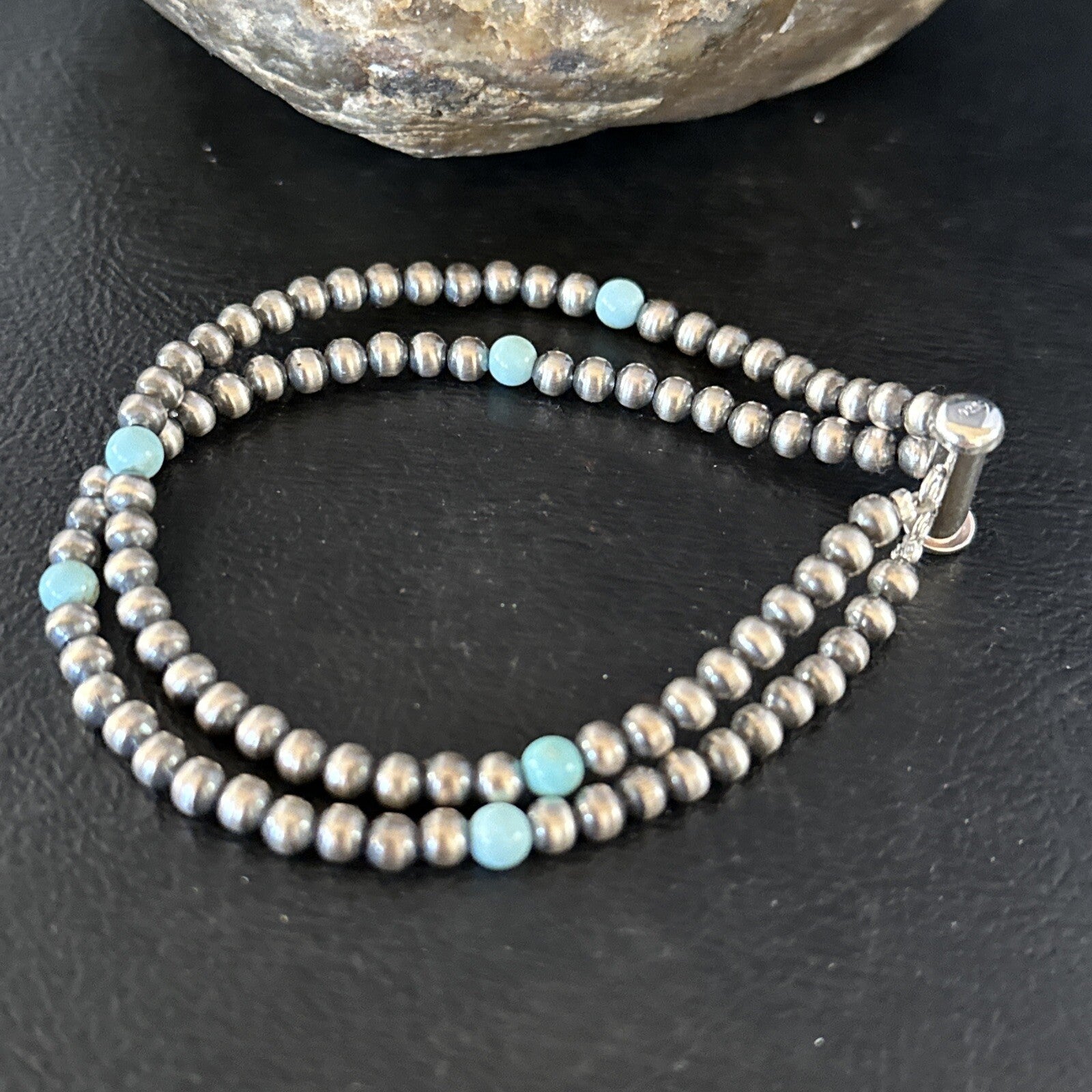 Native Navajo Sterling Silver Blue Turquoise Bracelet 2S 7.5" 14385