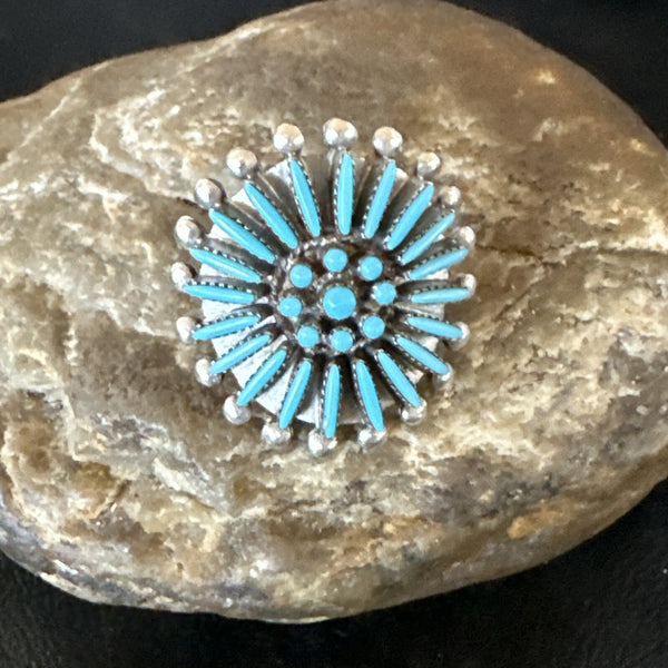 Blue Turquoise Zuni Needle Point Cluster Ring Size 8 | Sterling Silver | Authentic Native American Handmade | 17843