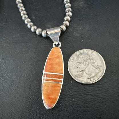 Native Navajo Sterling Silver Orange Spiny Oyster Necklace Inlay Pendant 17811