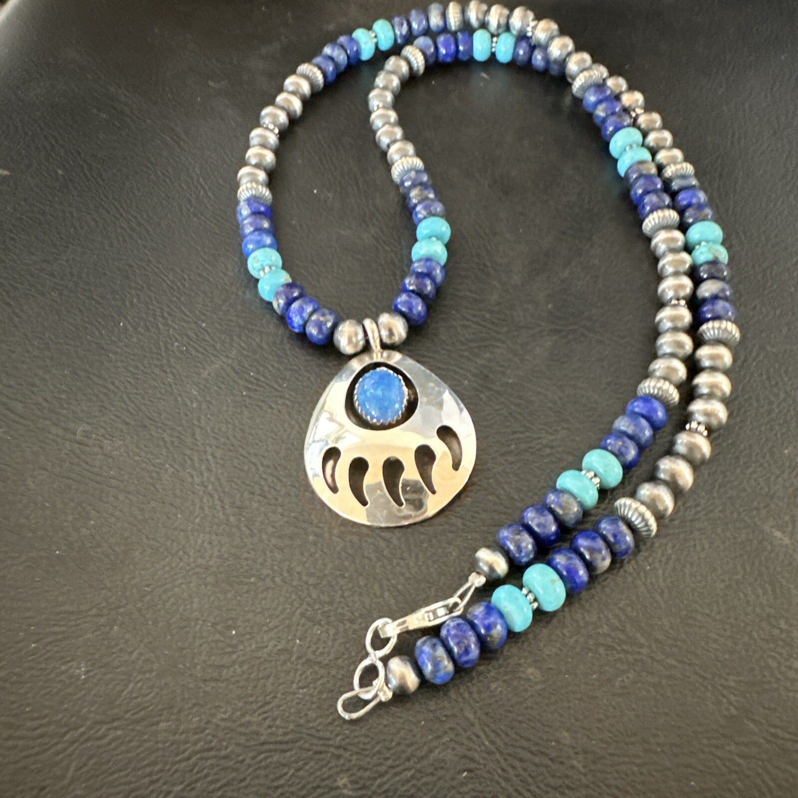 Mens Blue Turquoise Lapis BearPaw Pendant Navajo Sterling Silver Necklace 17882