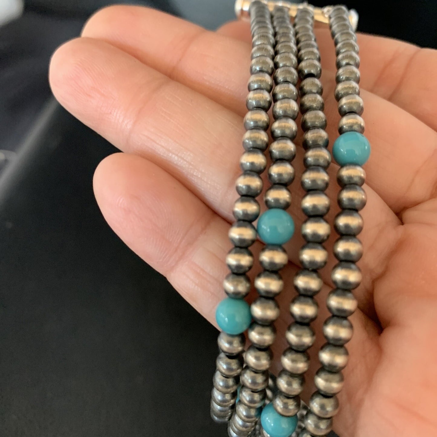 Native Navajo Sterling Silver Beads Blue Turquoise Bracelet 4 Strands 13587