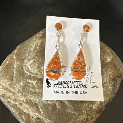 Womens Opal Spiny Oyster Inlay Navajo Sterling Silver Dangle Earrings 19135