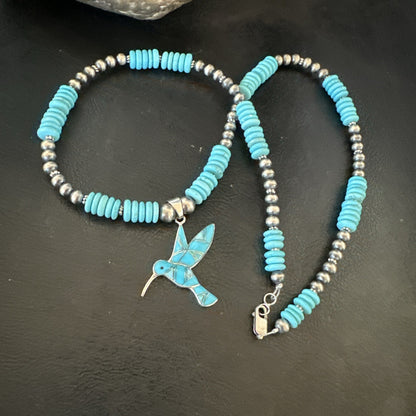 Blue Turquoise Opal HummingBird Inlay Pendant Navajo Sterling Necklace 19500