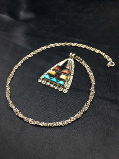Turquoise Multi-Color Pendant Navajo Indian Sterling Silver Necklace 4093