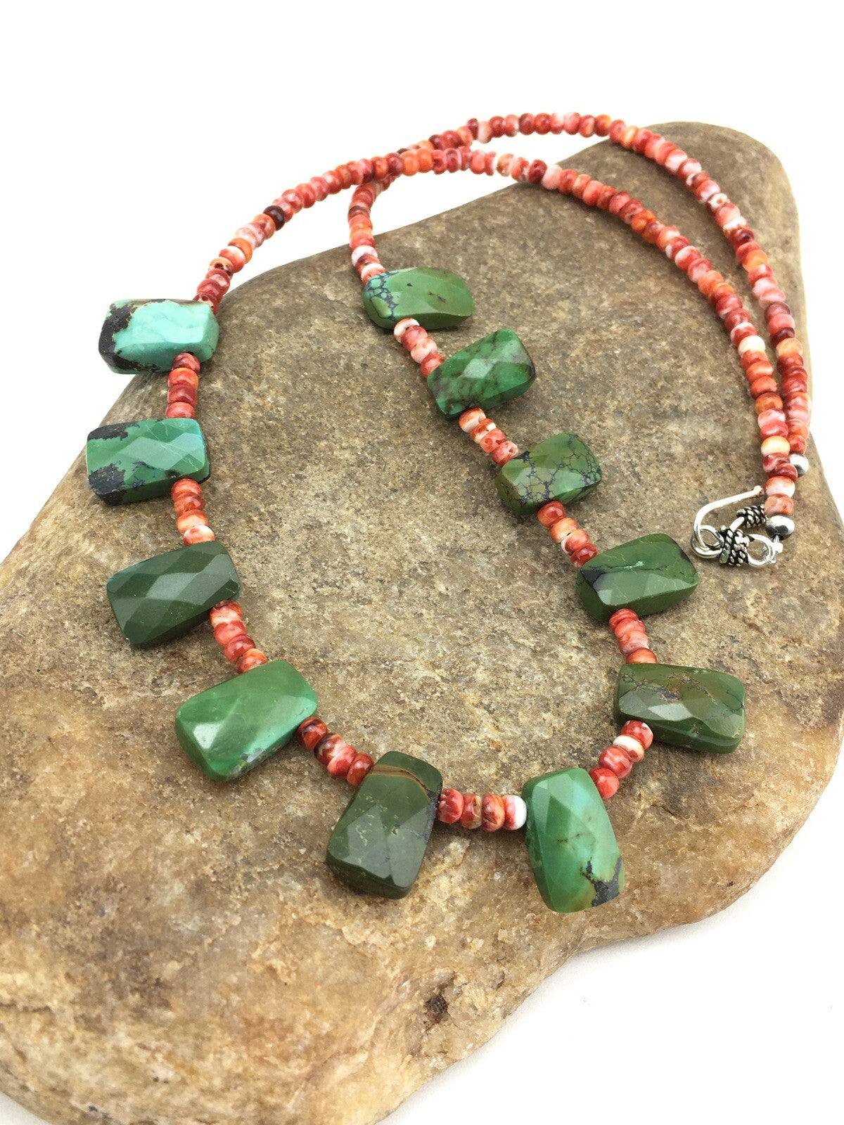 Spiny Oyster & Faceted Turquoise Navajo Sterling Silver Necklace 20" 04917
