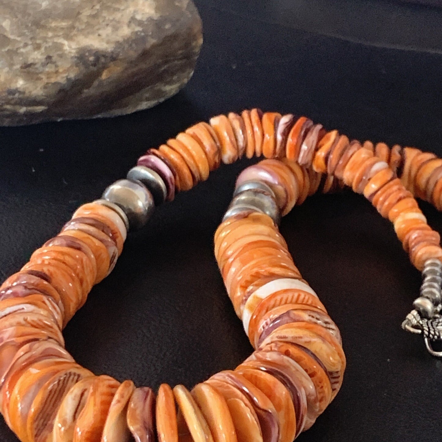 Orange Purple Spiny Oyster Navajo Pearls Sterling Silver Necklace 21" 12736