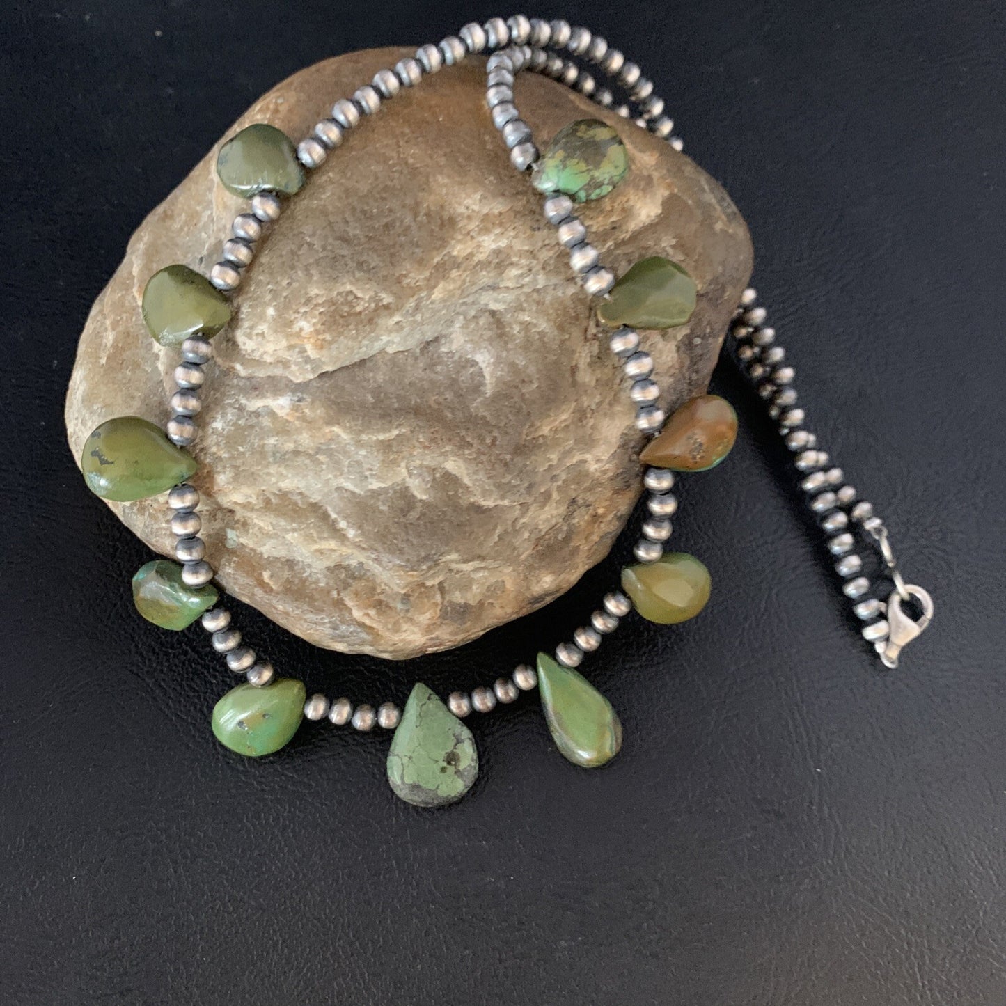 Teardrop Navajo Pearls Sterling Silver Green Turquoise Necklace 20" 13508