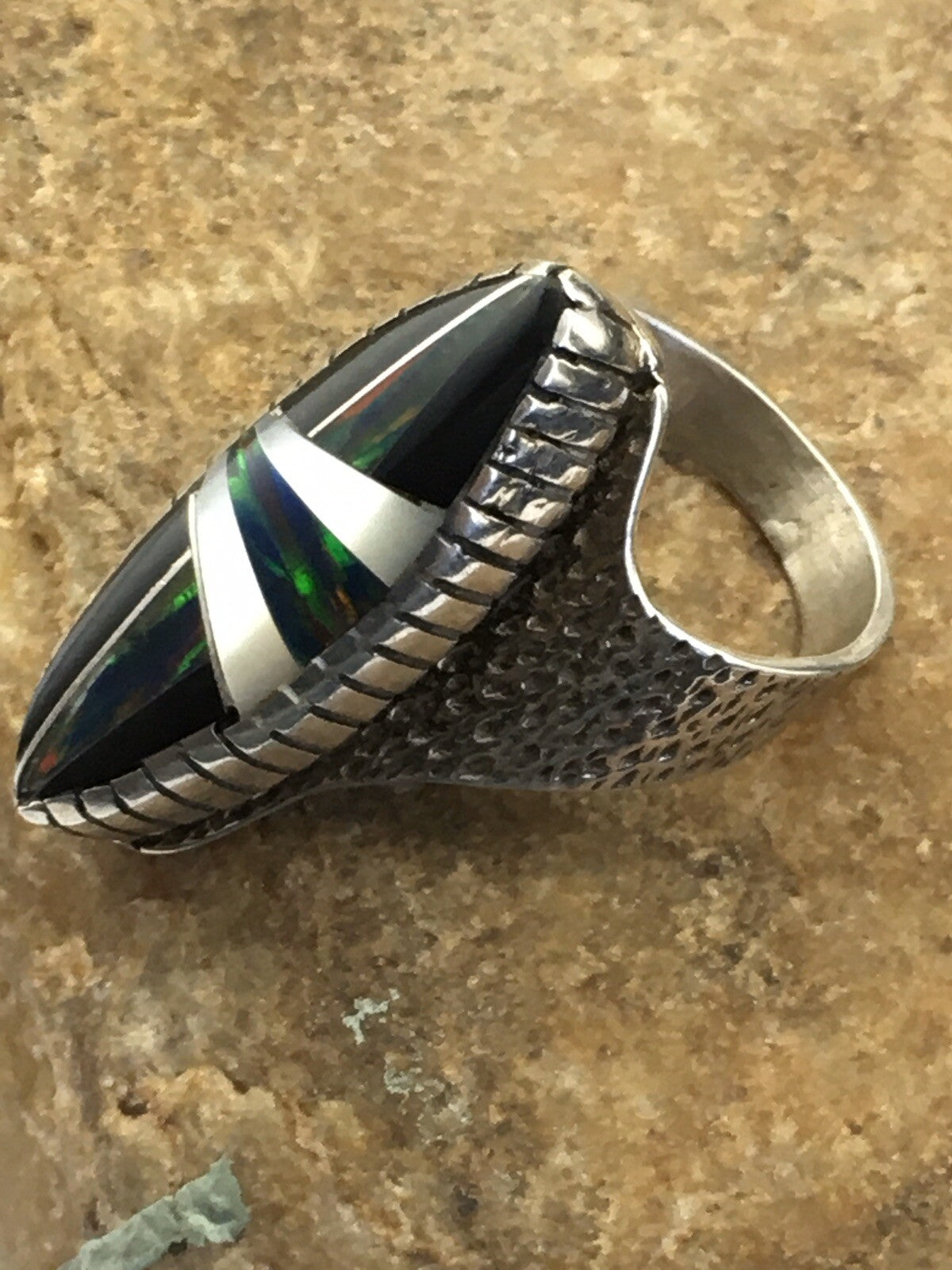 Mens Navajo Multicolor Opal Turquoise Inlay Sterling Silver Ring Size 8 01587N