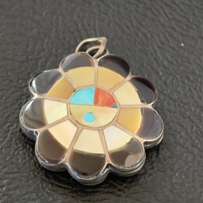Mother Of Pearl Turquoise Spiny Inlay Zuni Sterling Silver 2 Sided Pendant 1682