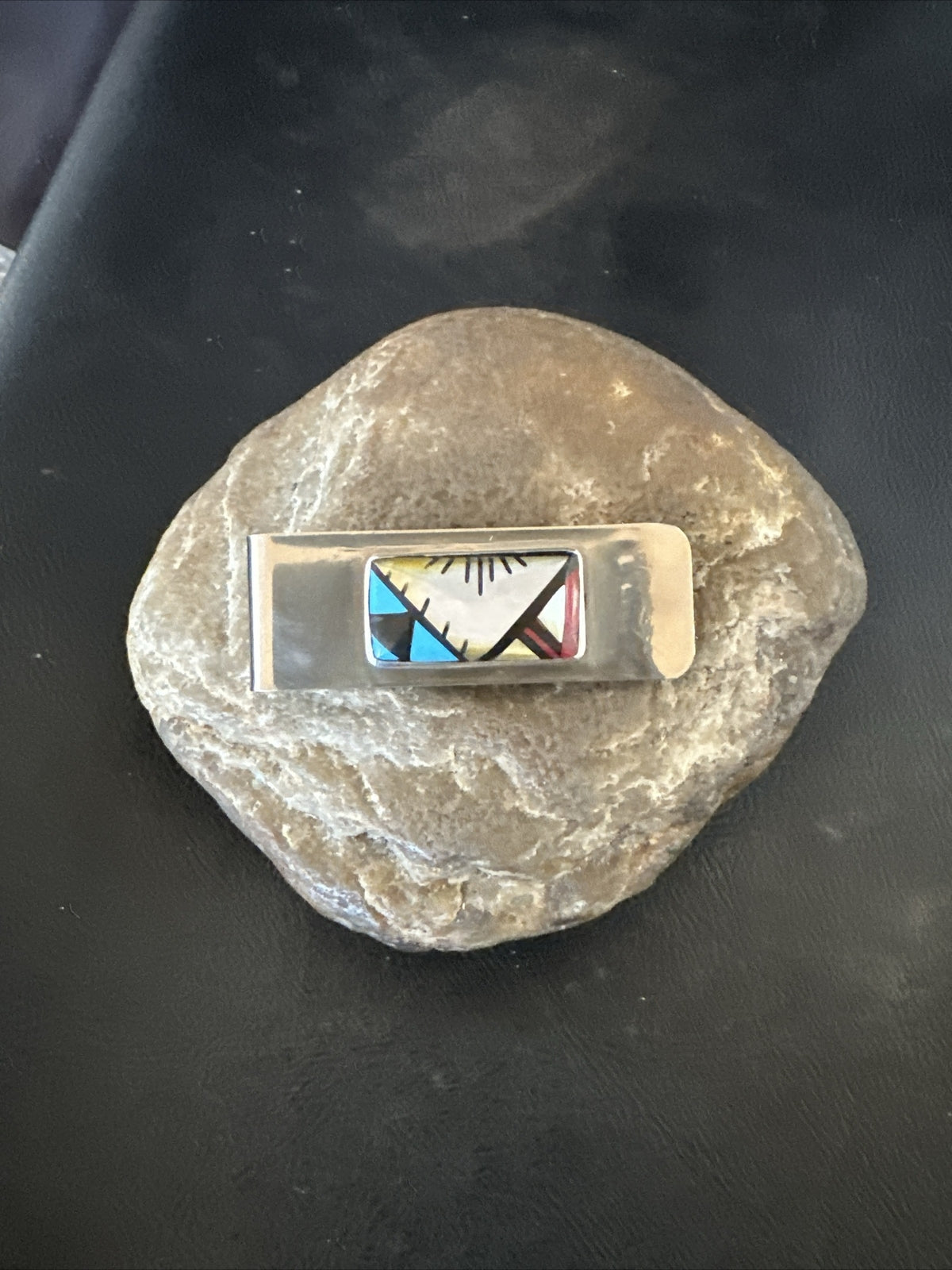 A Zuni Mens Turquoise Spiny Inlay Stainless Sterling Silver Money Clip 17835