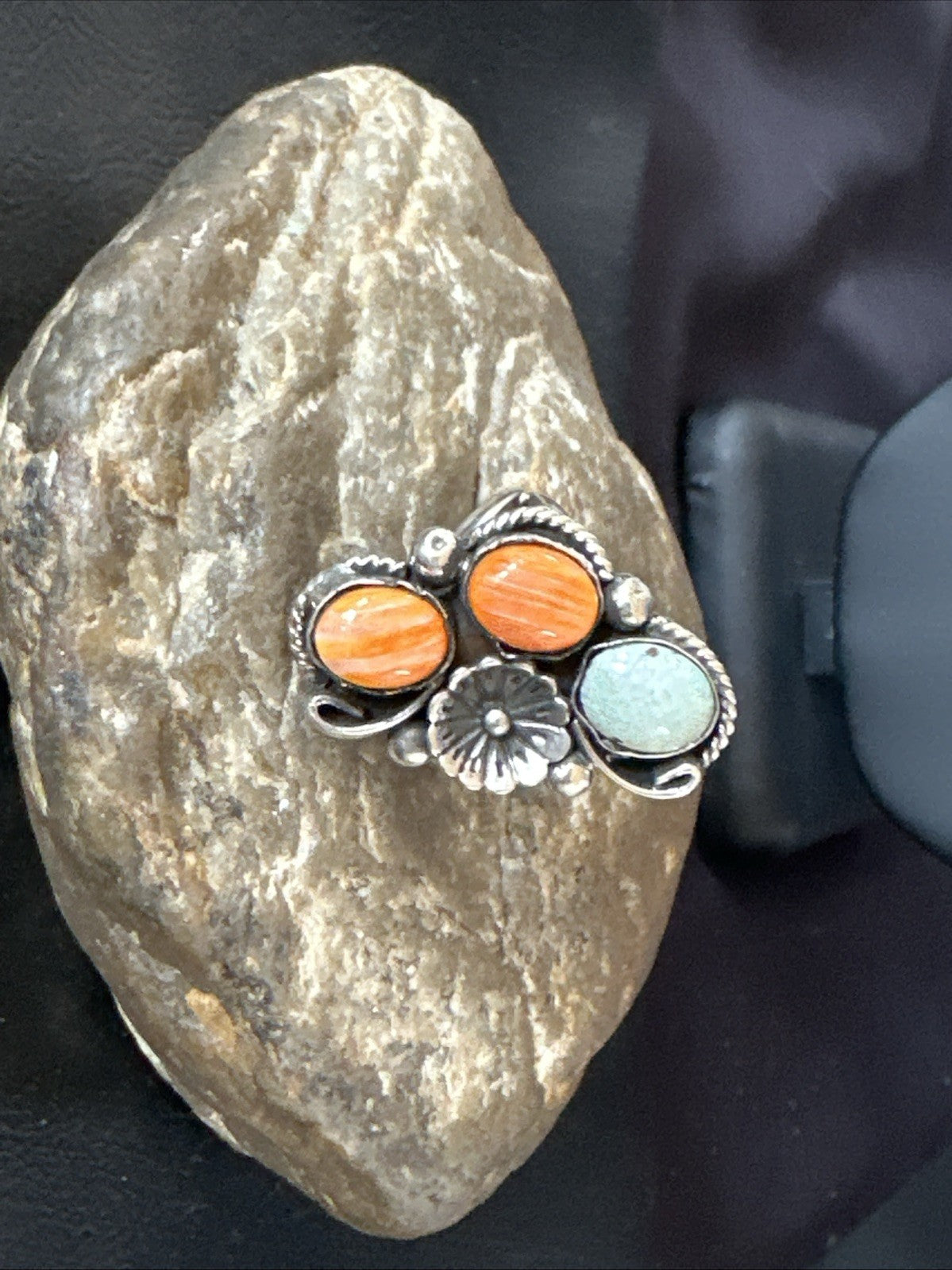 Multicolor Ring Turquoise Spiny Navajo Sterling Silver Cluster Size 8.5 19188