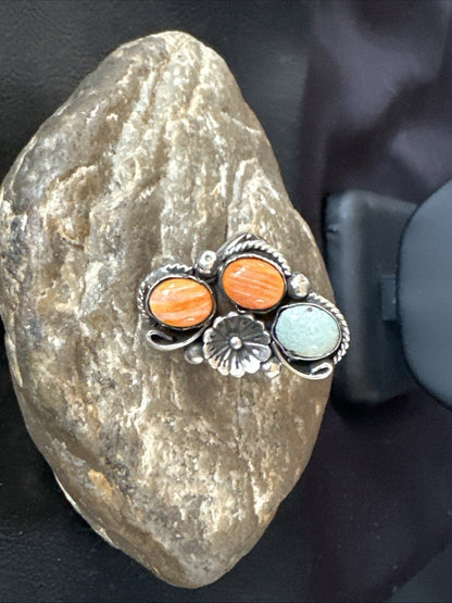 Multicolor Ring Turquoise Spiny Navajo Sterling Silver Cluster Size 8.5 19188