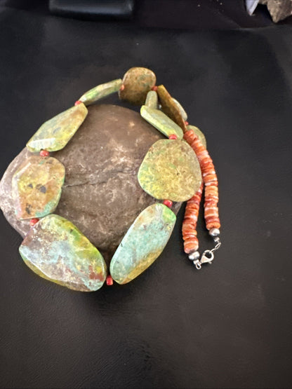 Rare Green Turquoise Orange Spiny Navajo Sterling Silver Necklace 19317