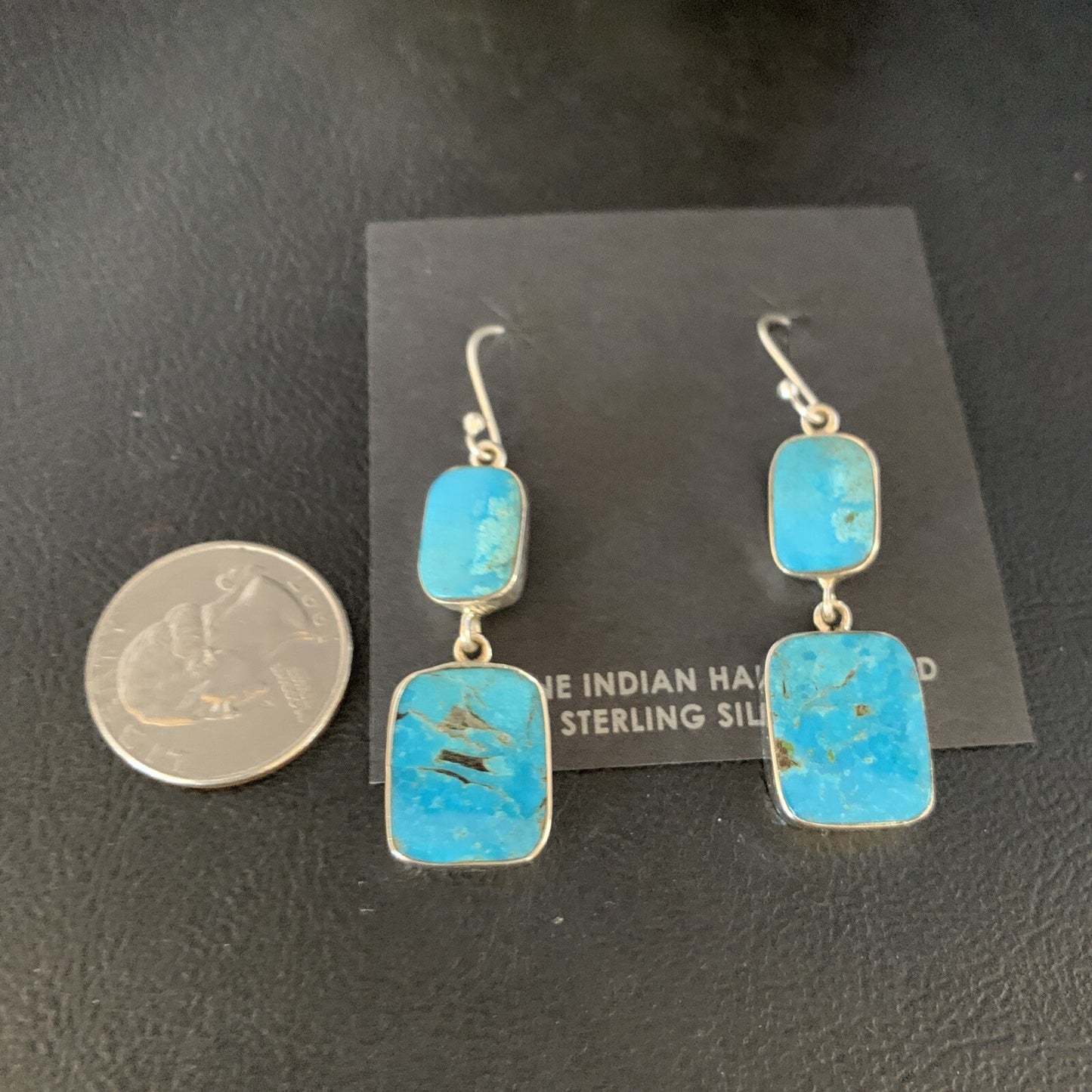 Kingman Turquoise Handmade Navajo Sterling Silver Dangle Earrings 1.5" 13898