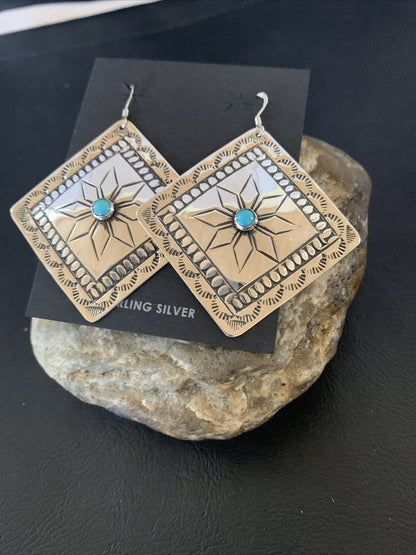 Blue Turquoise Navajo Sterling Silver Earrings 2.25" 12057